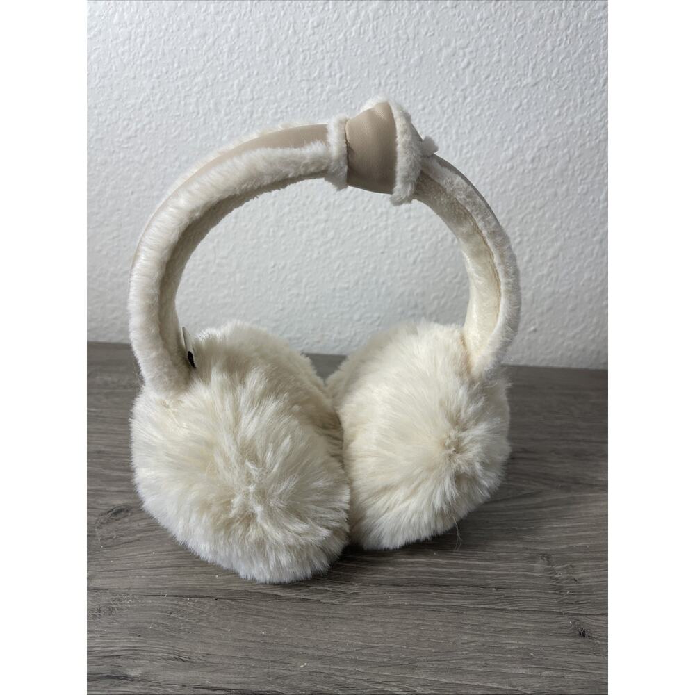 Aspen Faux Fur Earmuffs Ivory Cream Ear Warmers Beige Faux Leather Twist Knot